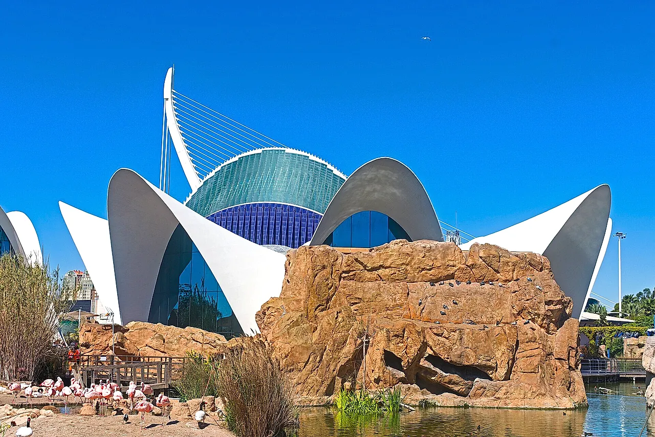 The shell-like roofs of L'Oceanogràfic's Restaurante Submarino at sunset, mirrored in the lake